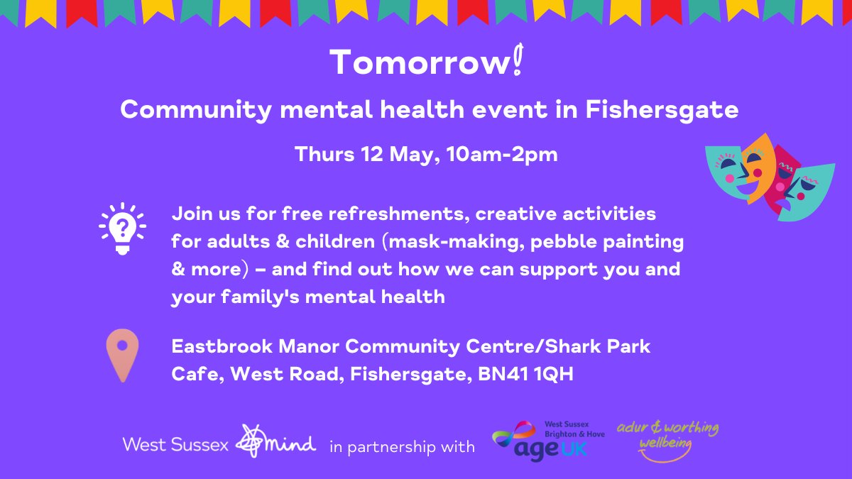 WestSussexMind's tweet photo. Drop in tomorrow for a tea and a chat and take part in fun activities for adults and children 🎭
➡️ See https://t.co/pxytIOS2p5 for our full rundown of events for Mental Health Awareness Week 2022.
#IveBeenThere
#mentalhealthawarenessweek
#Fishersgate
#WestSussex https://t.co/PzJWBFZcZx