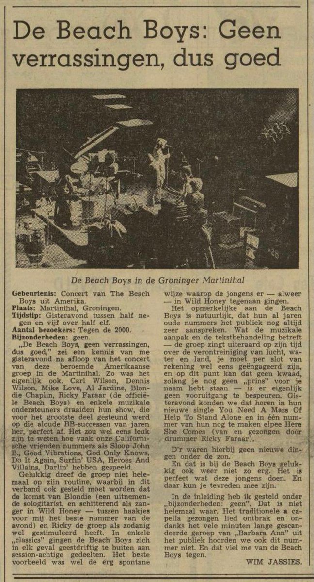 FeikoDijkstra2's tweet photo. Vandaag is het exact 50 jr. geleden dat The Beach Boys een concert gaven in Groningen. Op 11 mei 1972 speelden ze voor bijna 2.000 bezoekers in de Martinihal
Een kaartje voor dit optreden kostte destijds fl. 12,= (zo’n €5,50)
#BeachBoys #Groningen #surfsound #Wilson #martinihal https://t.co/pFlZhpWzWI
