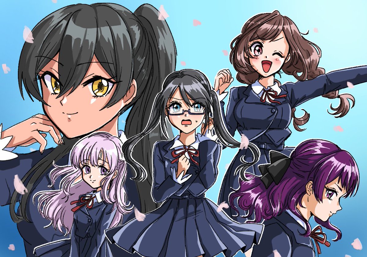 shirase sakuya ,tsukioka kogane multiple girls school uniform black hair brown hair glasses 5girls purple hair  illustration images