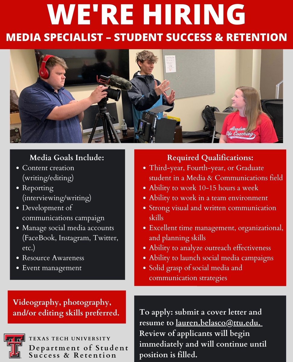 ttusuccess's tweet photo. This position is an awesome opportunity for students in the communications field seeking to expand their professional portfolios. We would love for you to join our team! Application materials include a cover letter and resume and can be submitted to lauren.belasco@ttu.edu. https://t.co/I0m976TgZl