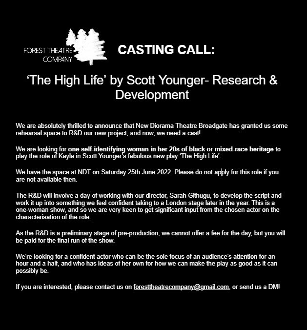foresttheatrec1's tweet photo. CASTING CALL: we are looking for a black or mixed-race woman in her early 20s to play Kayla in our R&amp;D at @newdiorama Broadgate in June! Send us a message if you are interested!! https://t.co/qMitEwtcSG