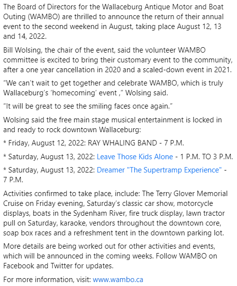 WAMBO_Official's tweet photo. The Board of Directors for @WAMBO_Official are thrilled to announce the return of their annual event to the second weekend in August, taking place August 12, 13 and 14, 2022. More details ⤵️ https://t.co/cvftQKsgo6