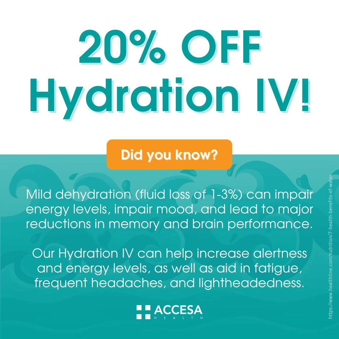 AccesaHealth's tweet photo. 🌟Come on in for a beneficial boost of Hydration! Valid today only. (IV must be administered on a Wednesday to receive 20% off. Valid for Hydration IV only. Cannot be combined with other discounts.) #dehydration #hydrate #hydration #iv #ivtherapy #ivtreatment #southbay #torrance https://t.co/TSzpKZn9pm