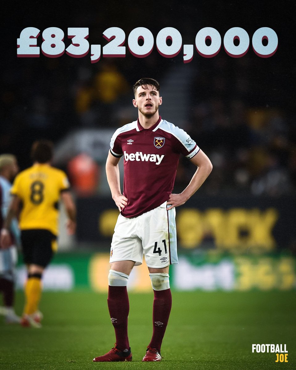 FootballJOE's tweet photo. 💰 West Ham have offered Declan Rice an EIGHT-year contract worth £200k a week, according to reports

🤑 He would earn a staggering £83.2m over the course of the deal

What should Rice do? https://t.co/GO3Smpcf2X
