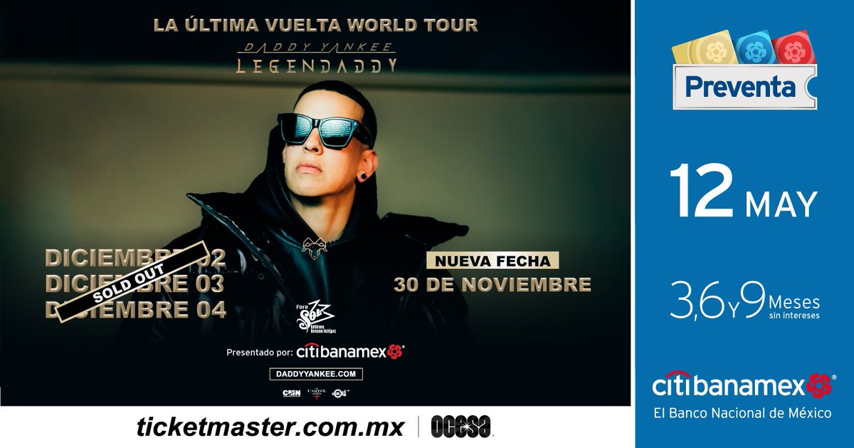 ocesa_total's tweet photo. 🔥Porque nos gusta la gasolina... ¡@daddy_yankee   abre una fecha más para que no te pierdas #LaÚltimaVueltaWorldTour!

#PreventaCitibanamex: 12 de Mayo

Boletos disponibles a través de Ticketmaster.

Presentado por @Citibanamex https://t.co/Fp3wWym0SE