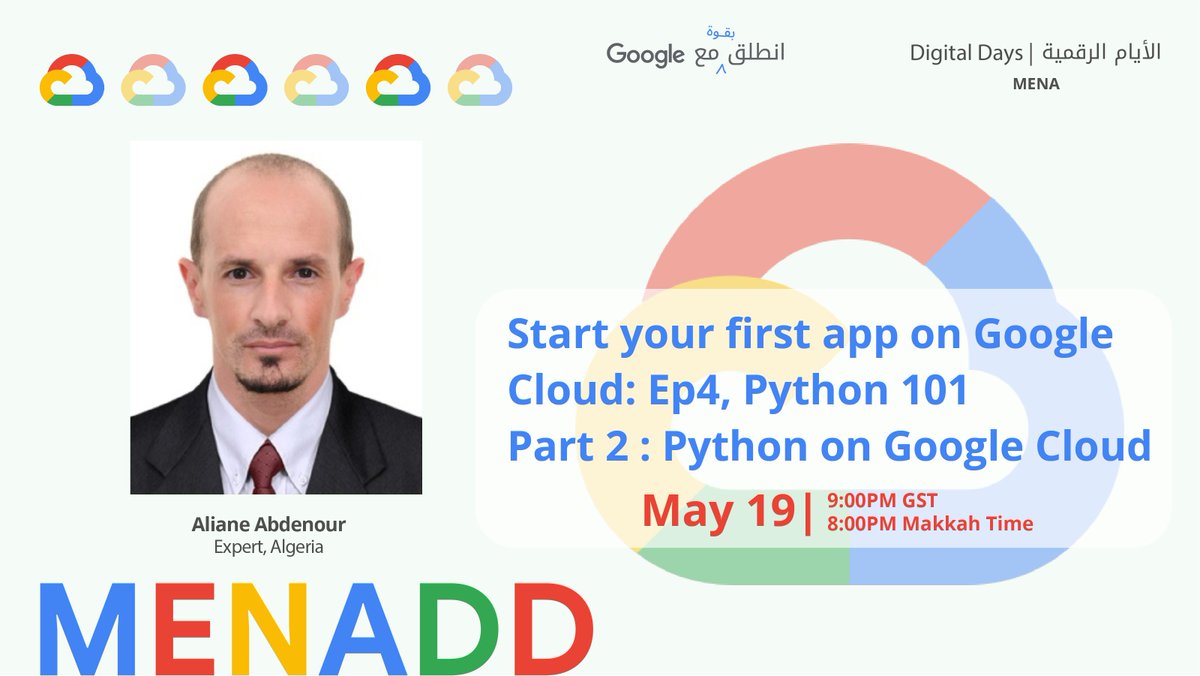 Join us in a new session of the #CloudComputing series with <a href="/alabdelouahab/">ALIANE Abdelouahab</a> “Start your first app on Google Cloud: Ep4, Python 101, Part 2: Python on Google Cloud” tonight at 9 PM Dubai time live on YouTube:
youtu.be/I3986h2D7kI 

#MENADD #Cloud #GoogleCloud #Python #GCP