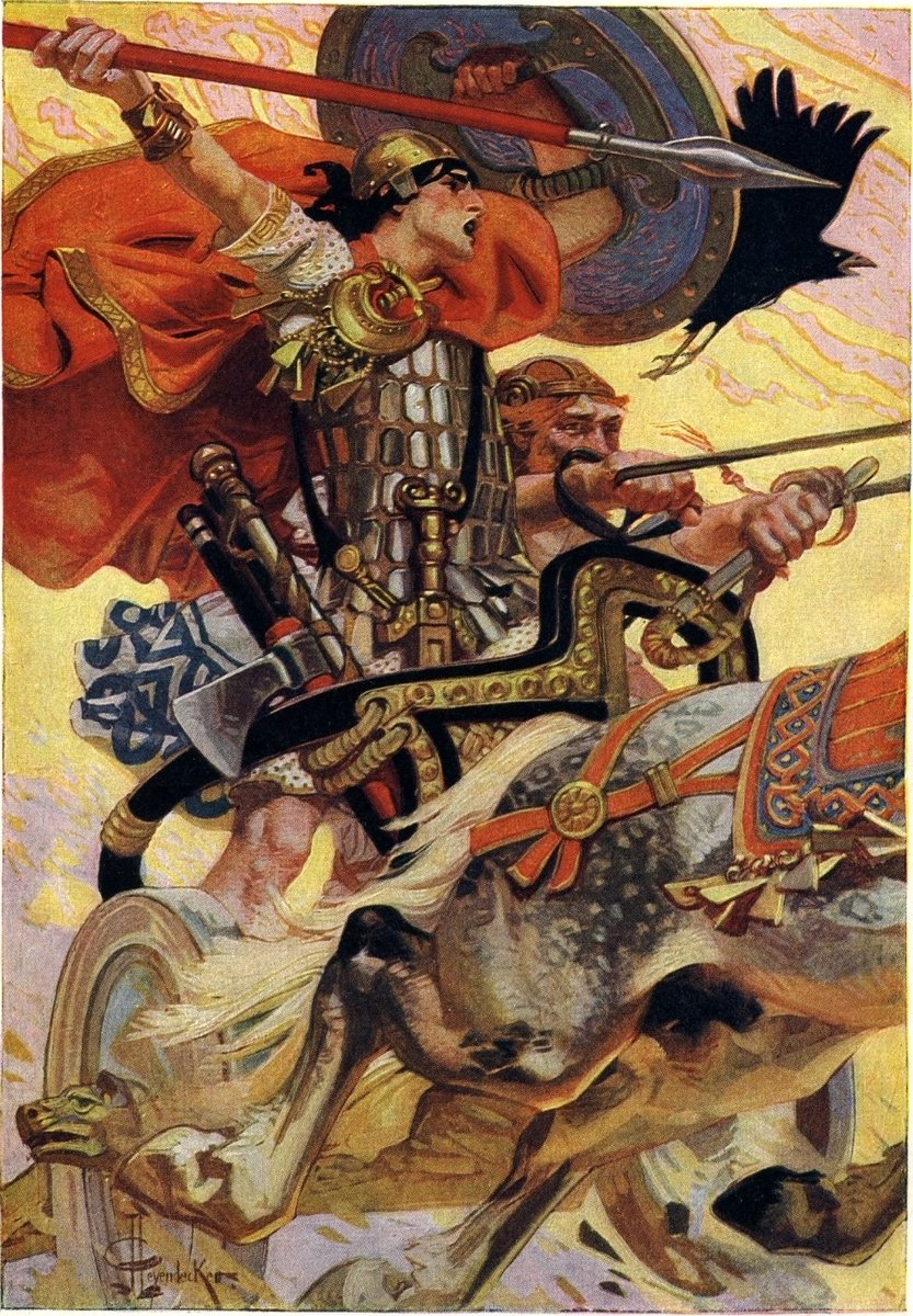 NeuKelte's tweet photo. #Celtic #WyrdWednesday: During #Bricriu's banquet, #Loegaire, #Conall Cernach and #CuChulainn claimed the curad-mir, the hero's bite, each for himself. They ripped sword and shield from the walls and attacked each other with such force that 'the enamel flew from the shields
1/2 https://t.co/N62j8kcckP