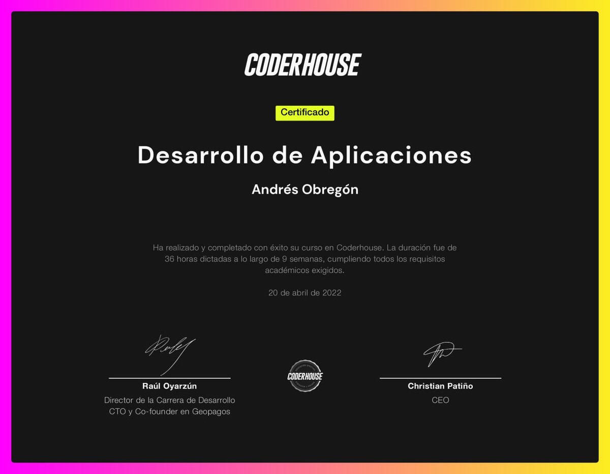 Terminé el curso de React Native para hacer aplicaciones móviles. #ReactJS #reactnative <a href="/coderhouse/">Coderhouse</a> <a href="/chrisapatino/">Chris Patiño</a>