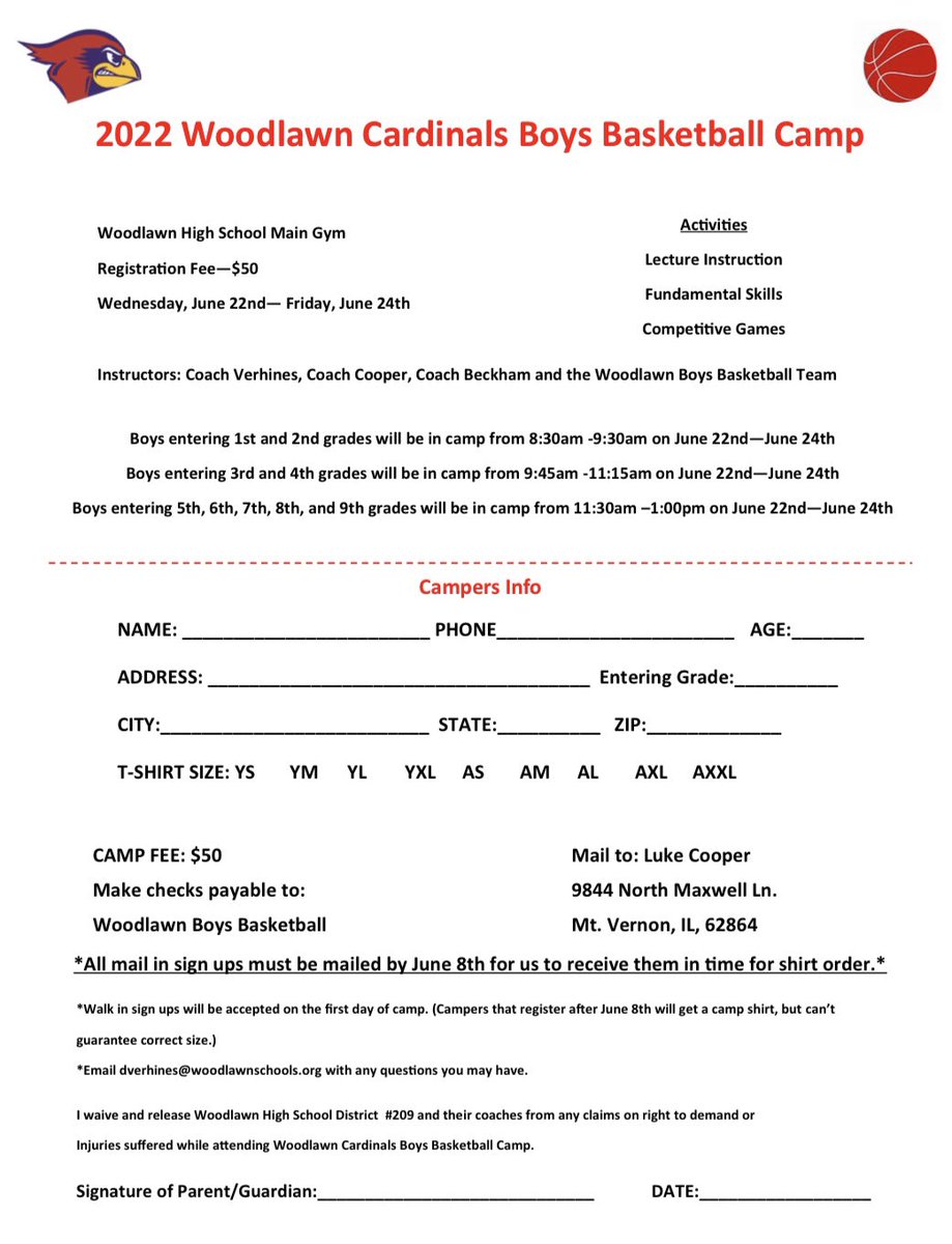 WoodlawnMBB's tweet photo. 2022 Woodlawn Cardinals Boys Basketball Camp will be held June 22nd - June 24th! Don’t miss out on a fun competitive camp! Guest speakers for our 2022 camp will be announced in the following days! #GoCards🔴🔵 https://t.co/UEpuLTiCvt