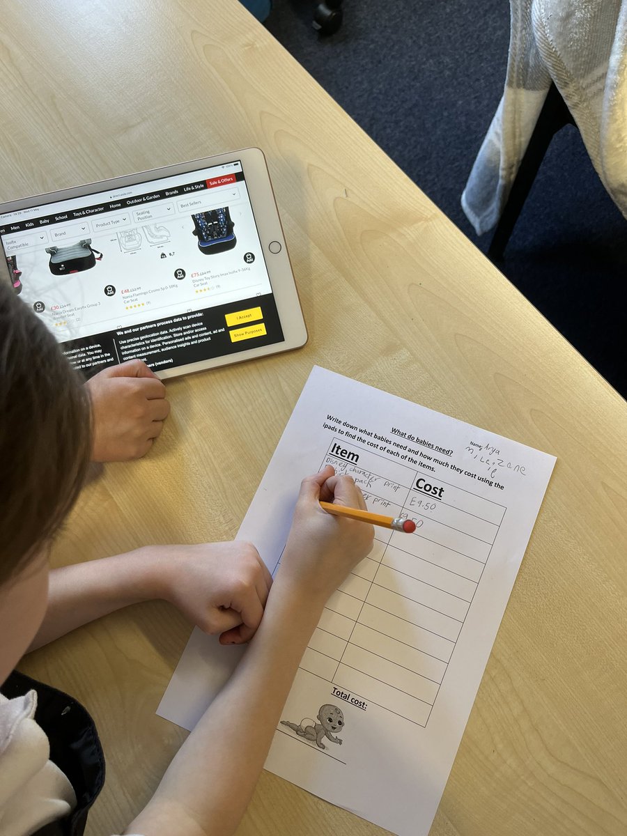 MissBonar_'s tweet photo. This afternoon we looked at how babies are cared for and used our digital skills to research how much it might cost to buy everything for a baby (it was a lot!) 👶💷 @carmondean_ps https://t.co/Qaqp1stPGC