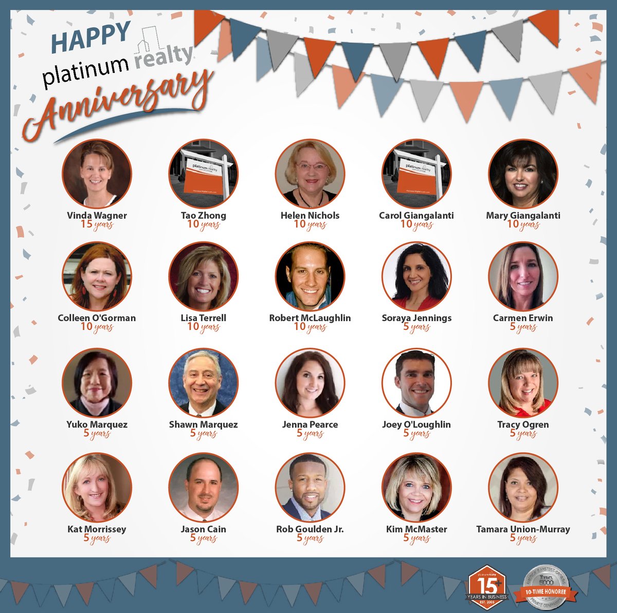 PlatinumRealty's tweet photo. 🎉 These amazing agents celebrate their 5, 10 and 15-year work anniversaries with Platinum this month! 🎉 Happy Work Anniversary! 🧡 #anniversary #platinumproud #realagents #realexperience #therealdeal #movewithplatinum https://t.co/KxpmxXlQwT