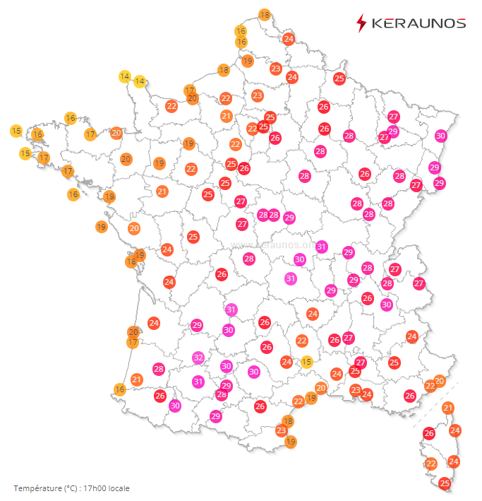 Chaude fin d'après-midi sur la France avec parfois plus de 32°C sur le réseau secondaire.
Localement, les températures maxi du jour sont à 2 ou 3°C des records pour un mois de mai. 