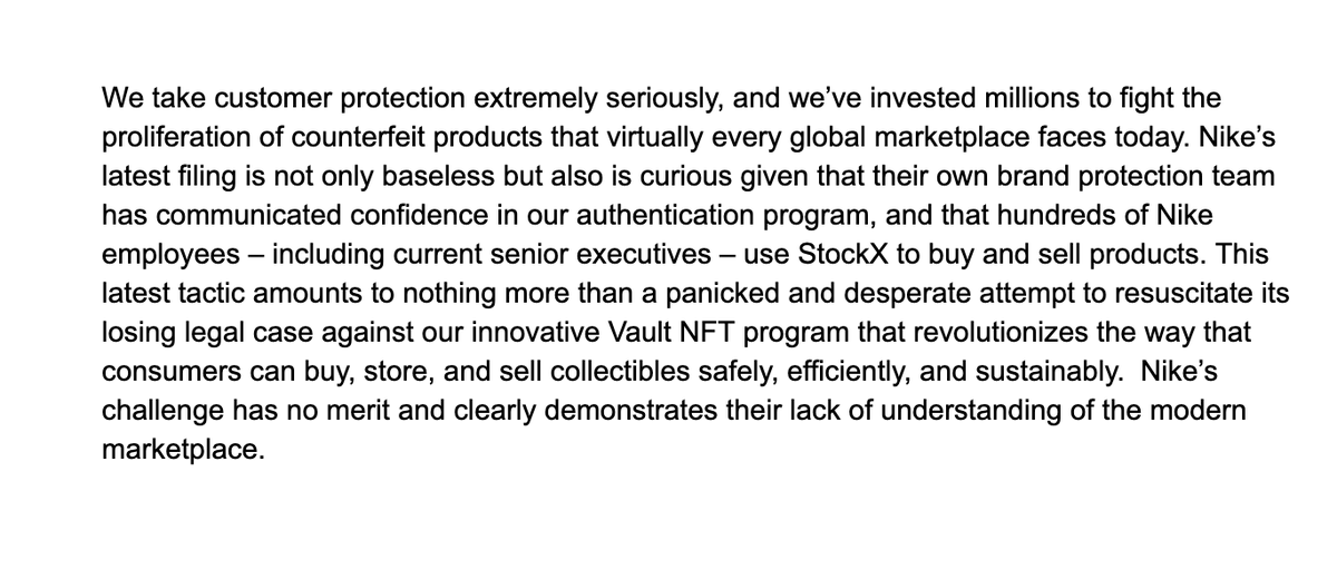 brendandunne's tweet image. StockX's very spicy response to Nike lawyers claiming they bought fake Air Jordans on the platform. Says "hundreds of Nike employees – including current senior executives – use StockX to buy and sell products."
