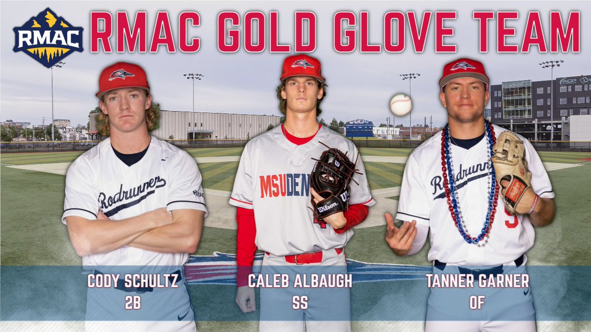 MSUDenverAthl's tweet photo. And finally, well done to @MSUDenverBSB's Cody Schultz, Caleb Albaugh &amp; Tanner Garner for being named to the #RMACbsb Gold Glove team!

These guys are RAKING in the accolades this year 😮‍💨 Well done, Roadrunners! 👏

#GetRowdy🔴🔵 https://t.co/snc1dMJykw