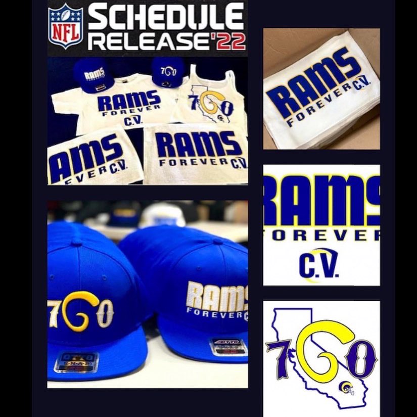 RamsForeverCV's tweet photo. Rams Forever CV has you ready to defend our championship with a fresh new look for 2022! We got new gear to Run It Back with!!! Hit the DMs with any questions 🌴🐏🌴 @RamsNFL @kdemoff @RampageNFL @LARamsCheer @BlakeArthur24 @_brandyflores https://t.co/8OiYkPkFZv