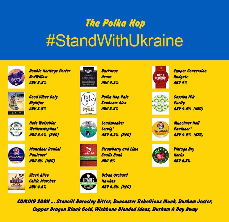 ThePolkaHop's tweet photo. On the bar today! 🍻
Beer Board: https://t.co/vGuwTY1fQh

#StandWithUkraine #Ukraine @redwillowbrew @AcornBrewery @rudgatebrewery @nightjarhebden @SunbeamAles @Purityale @WakefieldCamra
#RealAleFinder https://t.co/RvCF4aoD24