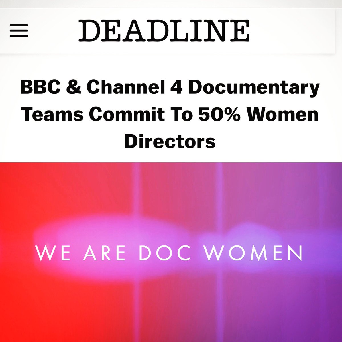 Very proud to support We Are Doc Women’s 50:50 pledge to have 50% women directors. Well done BBC & Ch4 for making the commitment
 👏👏👏
————————————————
#5050pledge #womendirectors #TVGenderPayGap #WADW #wearedocwomen #bbcdocs #genderequality #ch4docs #deadlinehollywood