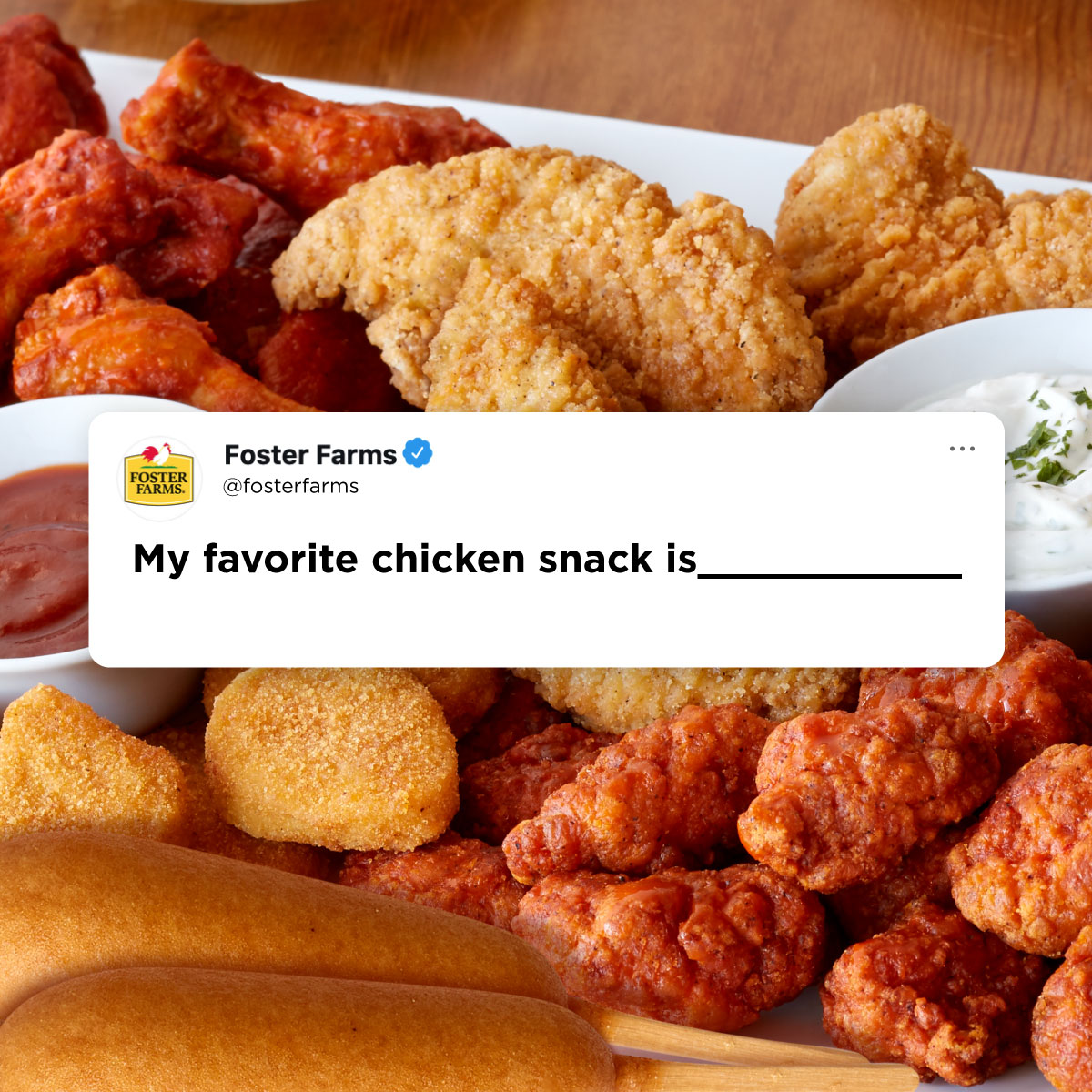 FosterFarms's tweet photo. Let us know in the comments 🤔
Find more details here: https://t.co/fTvlwtoFKO
#fosterfarms #chicken #chickensnacks #snacks #fillintheblank #wings #corndogs #chickennuggets #bonelesswings #chickentenders https://t.co/wJHetJ9rVr