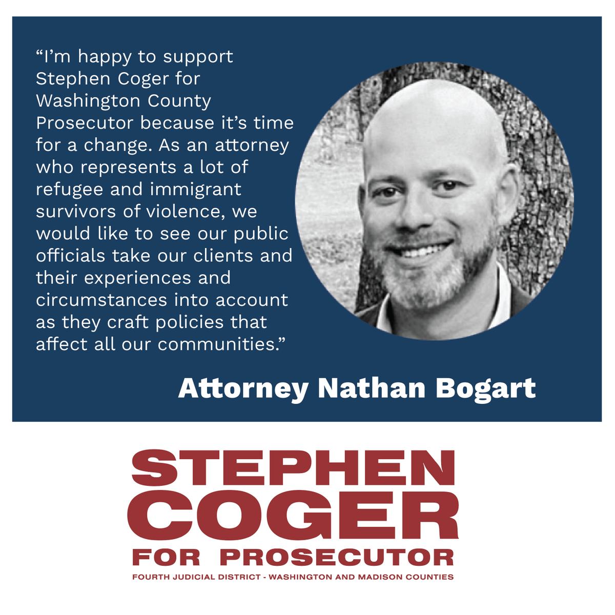 stephen4ar's tweet photo. “I’m happy to support Stephen Coger for Washington County Prosecutor because it’s time for a change.” 

– Attorney Nathan Bogart 

Early Voting Happening Now!
Election Day: May 24th

#VoteCoger https://t.co/lSIkV4oOzb