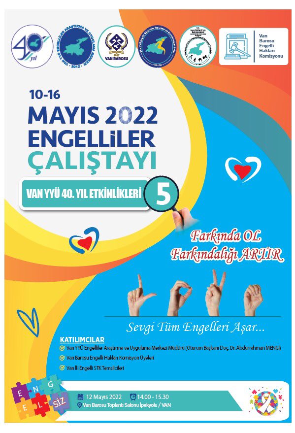 Komisyonumuz bünyesinde, Van ilinde engelli hakları alanında faaliyet yürüten STK temsilcileri ve Van YYÜ Engelliler Araştırma ve Uygulama Merkezi ile birlikte Engelliler Çalıştayı gerçekleştirecektir. Katılımlarınızı bekleriz. 👇🏻

🗓 12 Mayıs 2022
⏱14:00
📍Van Barosu