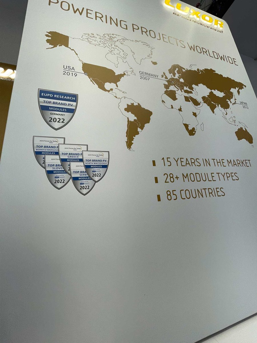 LUXORsolar's tweet photo. Come to A1.190 and explore #LUXORsolar ’s wide range of modules! Awarded again by #EuPDResearch
Btw since 06:00 pm we celebrate our legendary booth #party, you are very welcome 🥳
#HJT #solarenergy #solarmodule #solarmodules #PV #LUXOR #fair #solarpower #Munich #intersolar https://t.co/dXnf4EBAZ3
