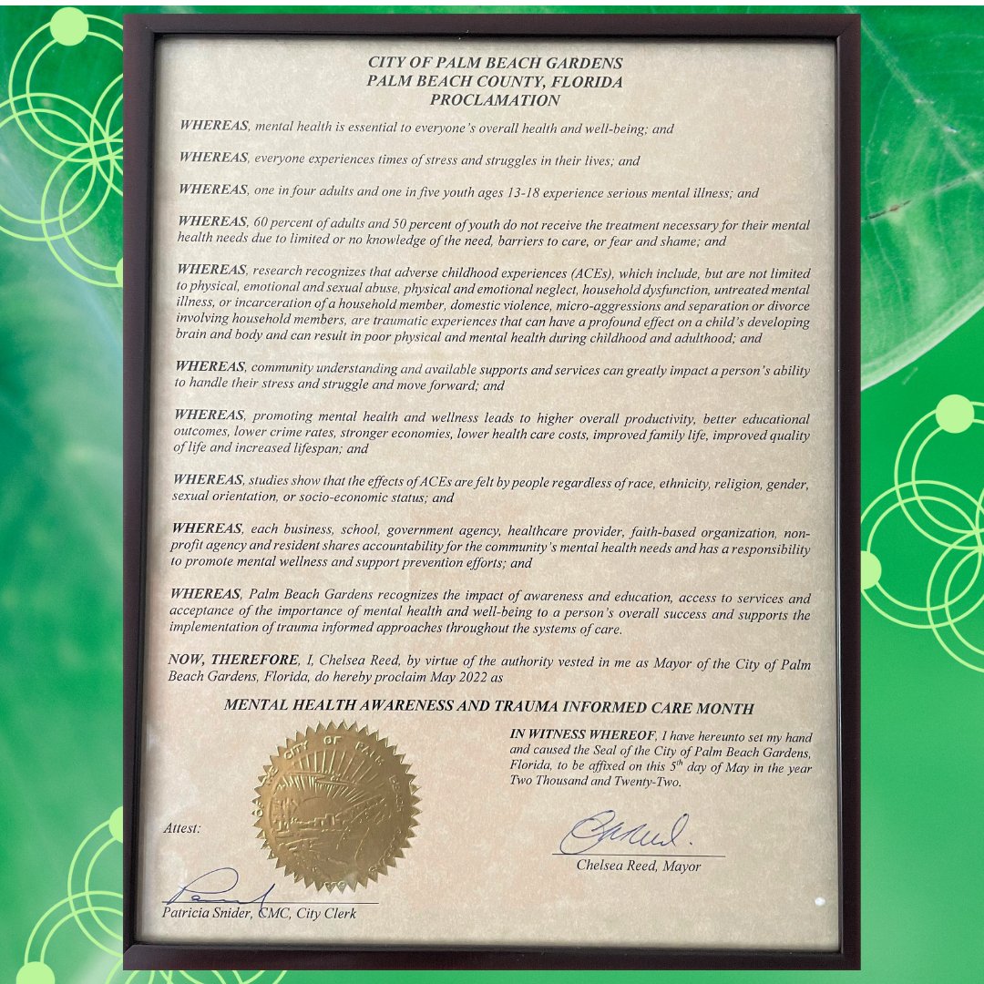 FamiliesFirstPB's tweet photo. On May 5th, our CPO Andres appeared before the City Council of Palm Beach Gardens where they read a proclamation for Mental Health and Trauma Informed Care Awareness month. 💚 Thank you to Mayor Chelsea Reed & Vice Mayor Rachelle A. Litt!
#FamiliesFirst #MentalHealth #nonprofi https://t.co/UGfKWNUda0