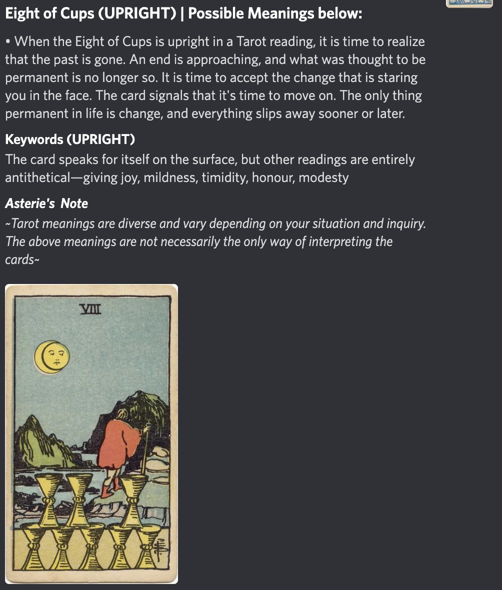 GM! 💜 ☀️ Eight of cups pull today, what are you moving on from? Personally, i'm trying to move on from some negative self talk. Optimistic for what the future holds! 💜