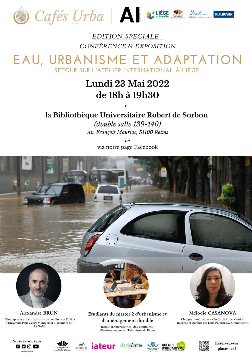 CafeUrbareims's tweet photo. Café Urba, édition spéciale☕️

Dans le cadre de la valorisation du voyage d'études des M2 de l'IATEUR au cours duquel un atelier intensif international à Liège a été mené sur la gestion des risques d'inondations

La conférence sera suivi par l'exposition des travaux des étudiants https://t.co/3dgbV7Ma98