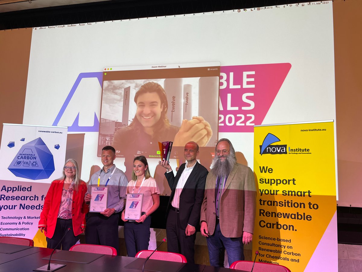 novaInstitut's tweet photo. CONGRATULATIONS!!! to the winners of the Renewable Material of the Year Award #2022RMC: 
1st @twelve_co2 (US), 
2nd @LACTIPS_SA (FR) and 
3rd @EastmanChemCo (US). 
Many thanks to sponsor @covestro 
https://t.co/6OEAeyw4tY
#chemicalindustry #renewablecarbon https://t.co/yTFI6SsXDe