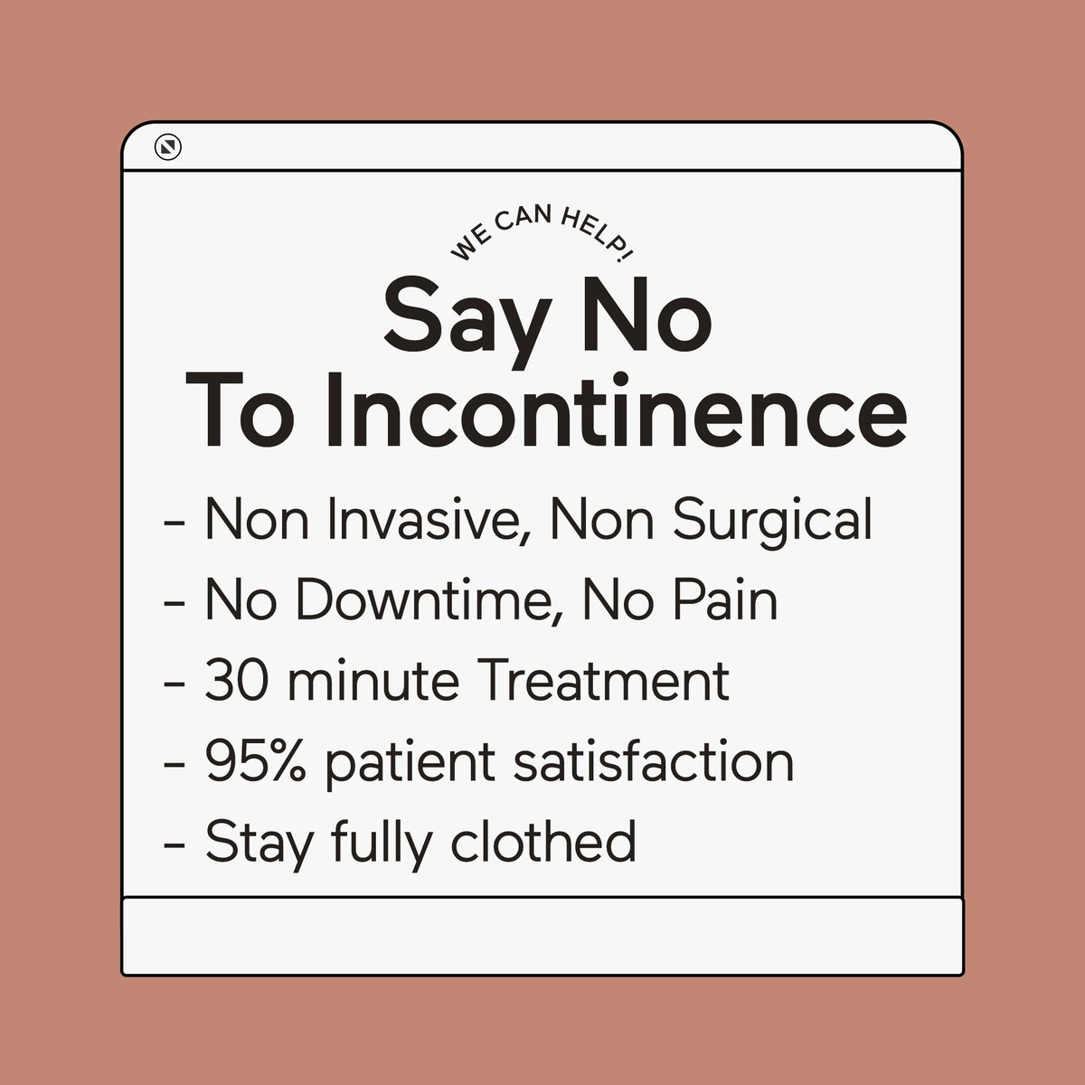 CindyBarshop's tweet photo. Say no to incontinence!
Non invasive, Non surgical, No downtime, No pain, 30 minute treatment, 95% patient satisfaction &amp; stay fully clothed

Make an appointment at https://t.co/F0M4wzyOpk

#pelvicfloor #pelvicfloorexercises #kegels #emsella #incontinence #nonsurgical #leakage https://t.co/PofkEiCkjy