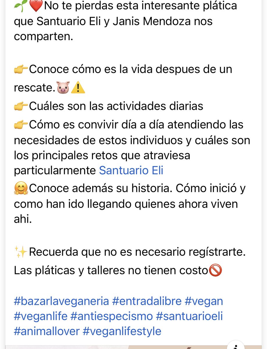 🌱❤No te pierdas esta interesante plática que  Santuario Eli y Janis Mendoza nos comparten. 

👉Conoce cómo es la vida despues de un rescate.🐷⚠️   ✨Recuerda que no es necesario regístrarte. Las pláticas y talleres no tienen costo🚫