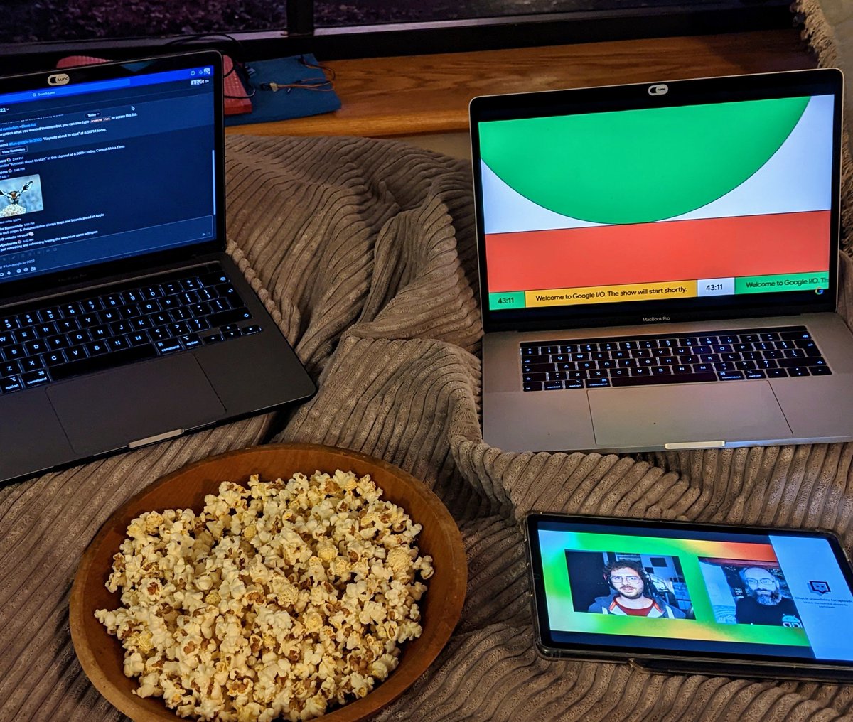 maiatoday's tweet photo. Almost #GoogleIO2022 time. 🍿slack watching party with work friends and @codewiththeita on the tablet. The question is how many times will I refresh before #IOAdventure opens https://t.co/uynpPbNu9o