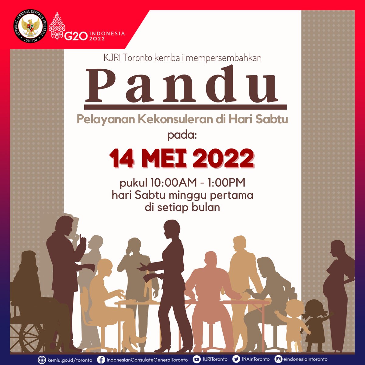 INAinToronto's tweet photo. Dear #FriendsofIndonesia, our Consular Services on Saturday (Pandu) is back this month on May 14th, 2022. We are open from 10.00-13.00. If you can’t come on weekdays, let’s have the opportunity this Saturday! #kjritoronto #rintiskemajuan #kemlu_ri https://t.co/8lSdPo8D6w
