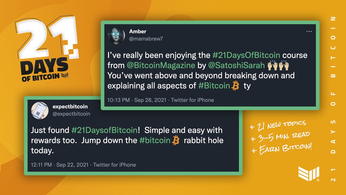 BitcoinMagazine's tweet photo. Earn while you learn! Take our FREE 21 Days of Bitcoin email course and stack some sats along the way! 👀

🏆 Win at least 2,100 sats
📩 21 days of short educational emails
💡 Learn Bitcoin 101

Enroll FREE 👉 https://t.co/rQ2j5myHF4 https://t.co/Y8VgSpHO4f