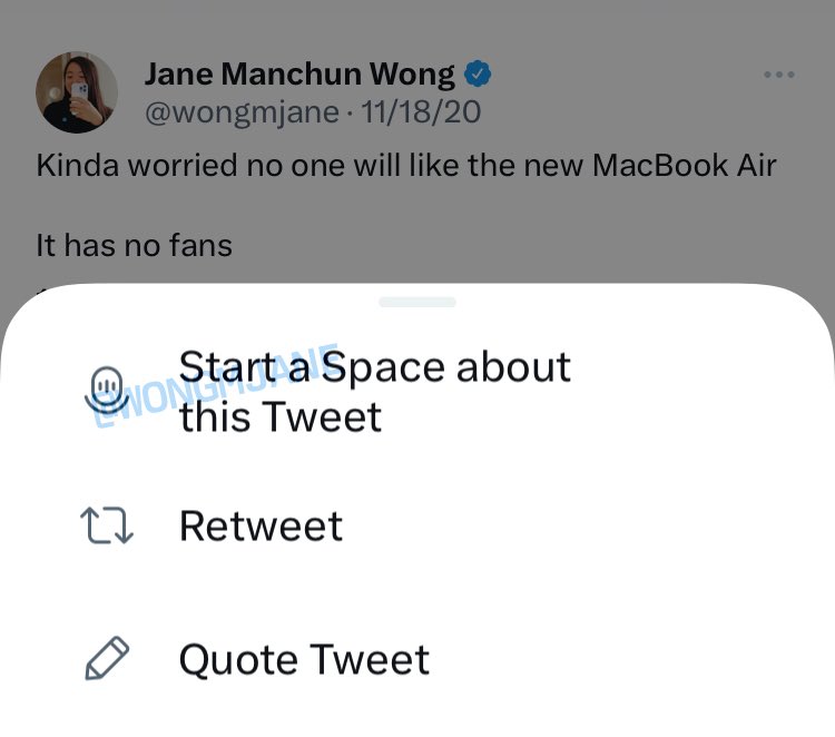 Retweet menu showing an additional [mic icon] “Start a Space about this Tweet” option

The Tweet being shown in this screenshot is one of mine:

Kinda worried no one will like the new MacBook Air

It has no fans