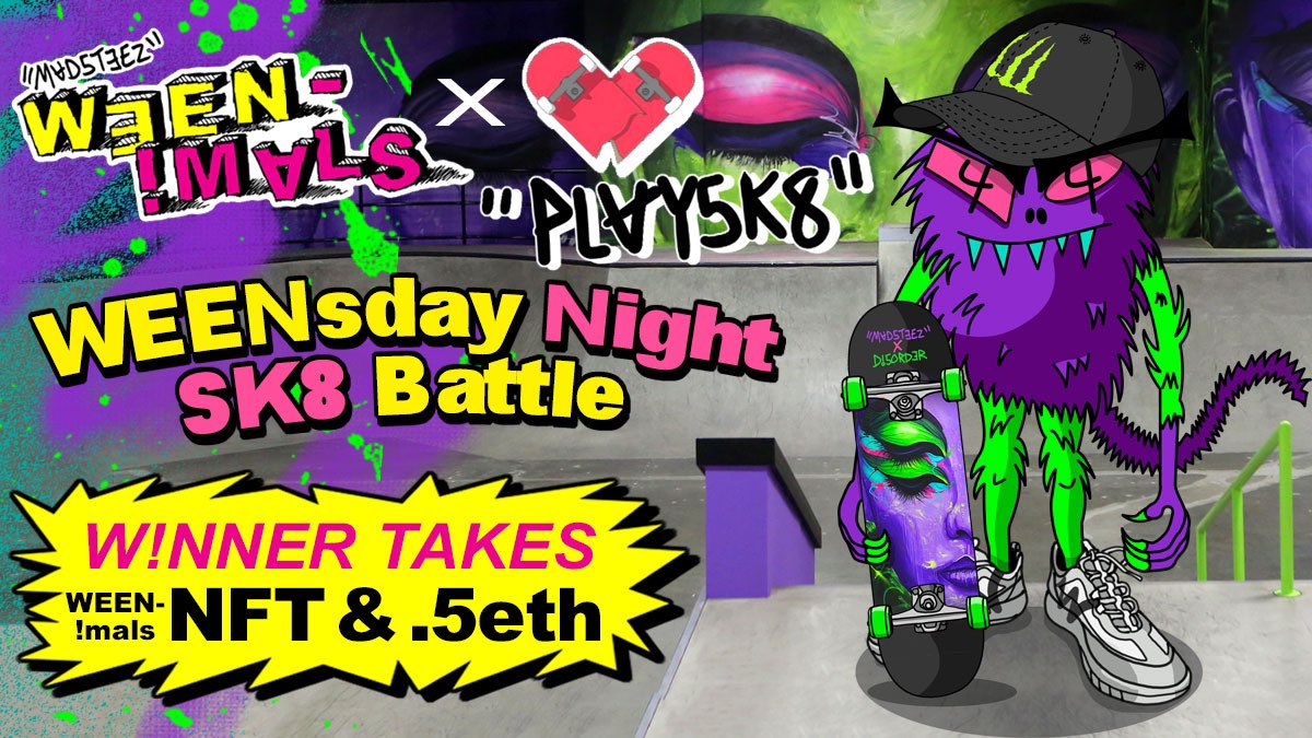 WEENsday Night SK8 Battle 🛹

To celebrate the launch of <a href="/sk8nft/">PLAYSK8</a> ’s #PlaySk8 in our discord server

<a href="/MADSTEEZ/">MADSTEEZ</a> is STOKED to announce our 1st Community SK8 Tournament

The winner from our server will battle the player from PlaySK8 for

0.5 eth &amp; a FREE NFT!!
discord.gg/weenimals