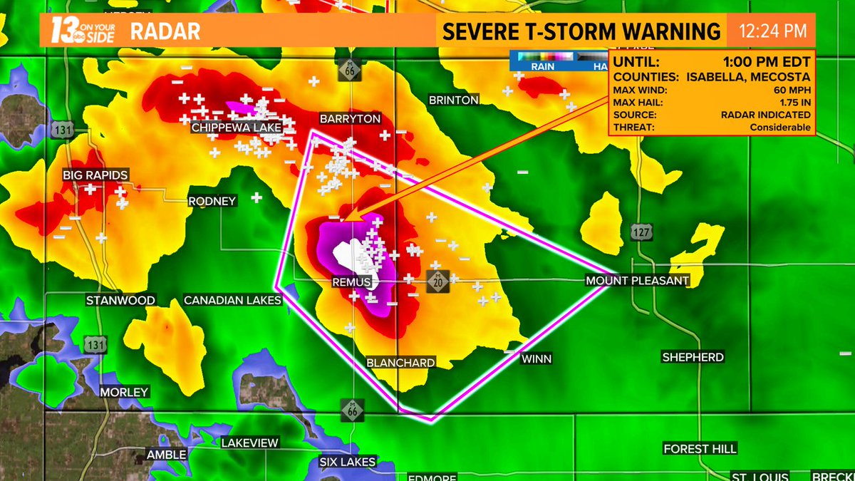 MikeBehrensWX's tweet photo. The threat with the #SevereThunderstorm in #Mecosta County has reached considerable levels. Golf ball size hail is possible around the #Remus Area. Seek shelter now if in or to the immediate southeast of this cell. 

#13OYS #MiWX #WMiWX https://t.co/GkipURxnjV