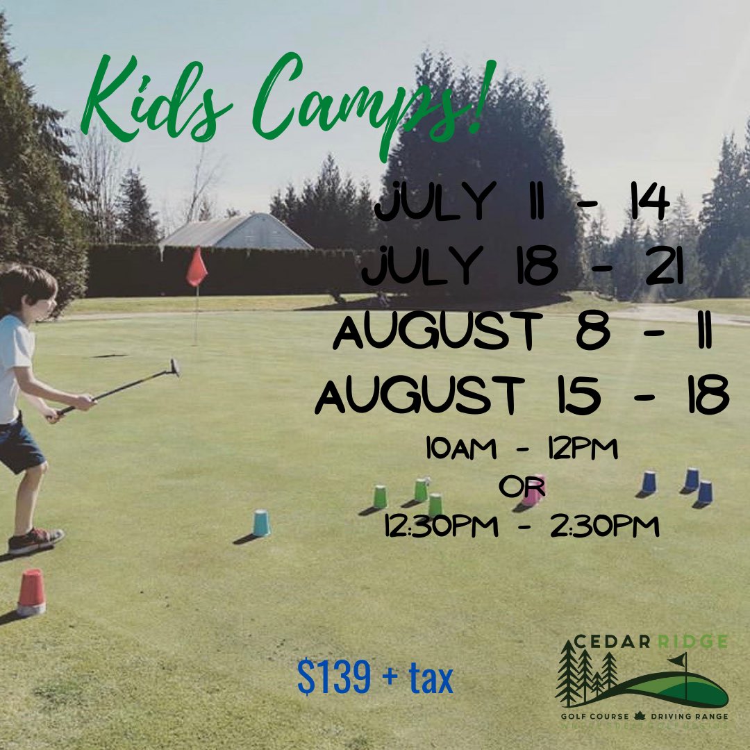 cedarridge9500's tweet photo. Kids Camp Registration O P E N !

Call our pro shop 604•814•0414 or email kristi@cedarridgegolf.ca for more information or to sign your child/children up! 

@TourismMission @WhatsOnMission 
#wheregreatgolfbegins #summerkidscamp #missionbc https://t.co/uUCUllMjW3