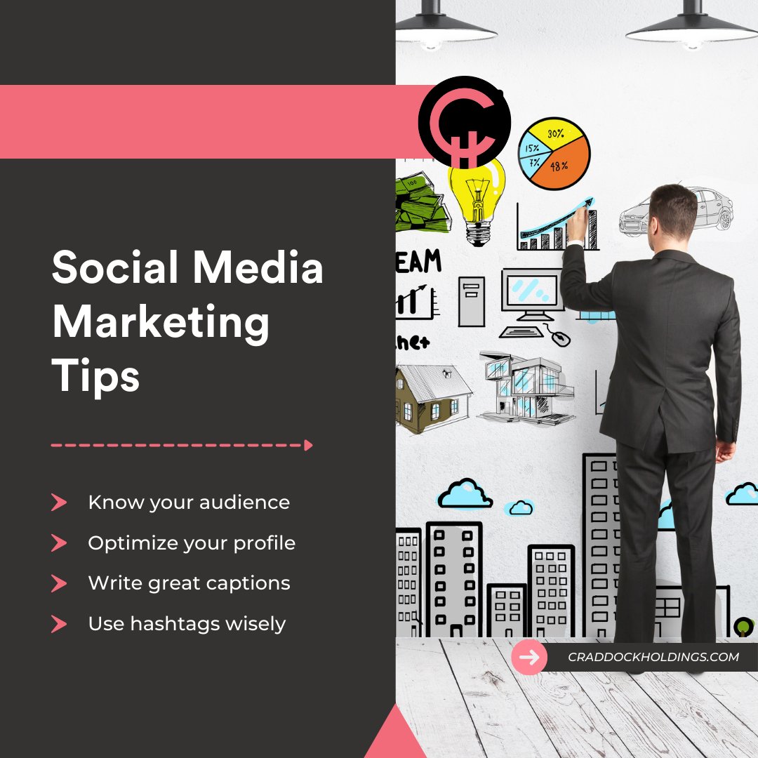 Craddock_Hldgs's tweet photo. Social Media Marketing Tips
*know your audience 
*optimize your profile 
*write great captions 
*use hashtags wisely
 #marketing 
#socialmediamarketing 
#craddockholdings https://t.co/r2MzgidYyj