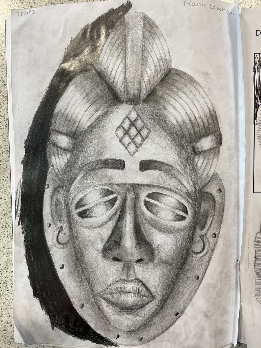 wolfretonart's tweet photo. Year 7 working hard on tonal range, technique, pressure variation and form for impact and realism. Quality! #excellence #nsead @nsead @ConsortiumTrust #drawing #tone #formalelements #africa #masks #endeavour https://t.co/lYArLONmfC