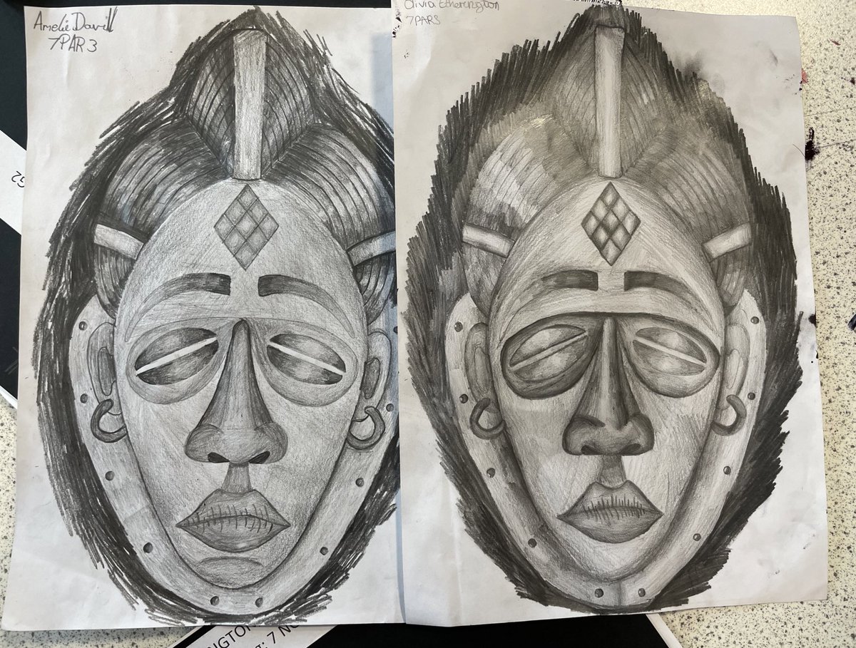 wolfretonart's tweet photo. Year 7 working hard on tonal range, technique, pressure variation and form for impact and realism. Quality! #excellence #nsead @nsead @ConsortiumTrust #drawing #tone #formalelements #africa #masks #endeavour https://t.co/lYArLONmfC