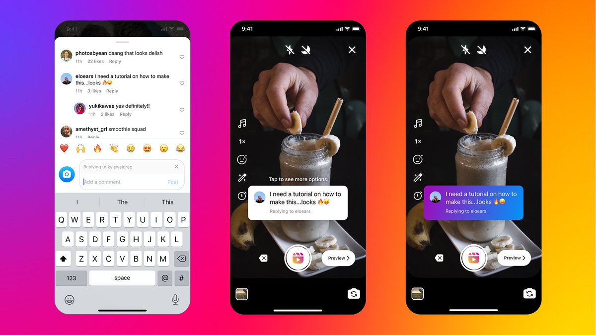 instagram's tweet photo. Reply with Reels > reply with text 

Choose a comment on your reel → tap Reply → tap the camera on the left. https://t.co/PZdeabpsDy