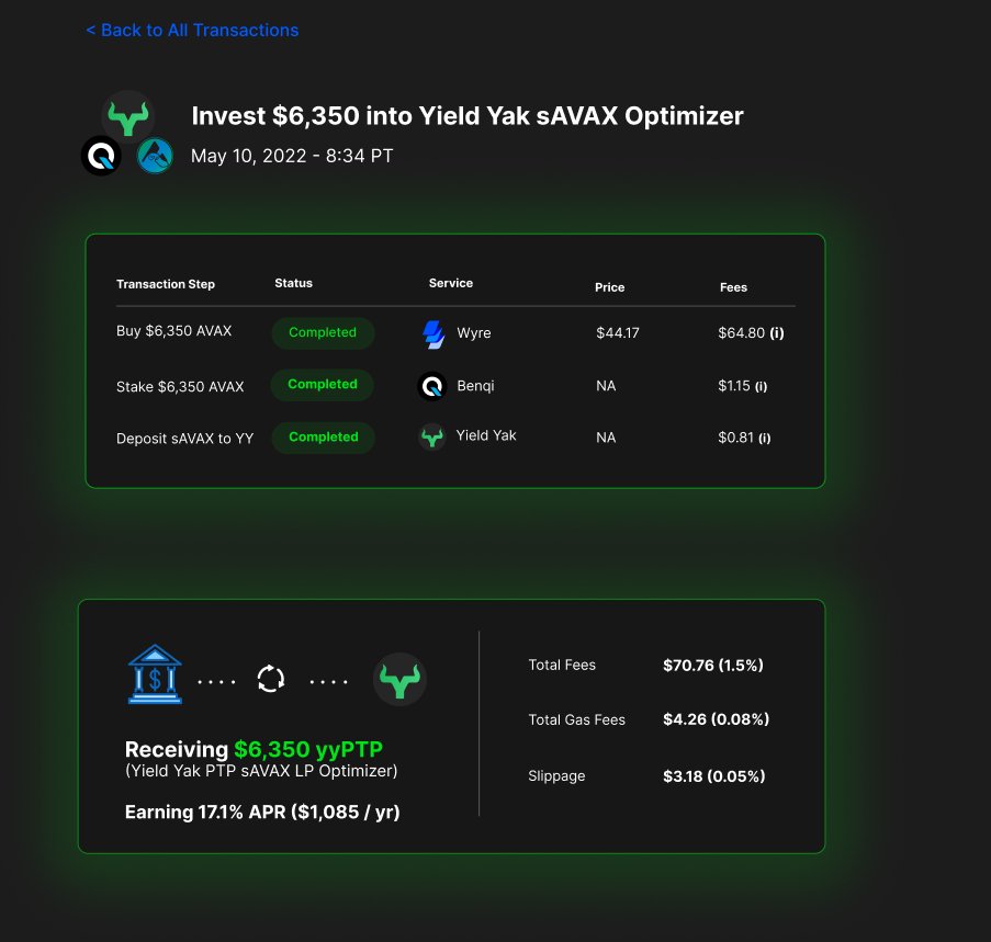 pkp_io's tweet photo. Sent funds directly from my bank account to a staked AVAX vault on @yieldyak_ in just 1 step!

Would have taken me 3 steps on 3 different platforms to do manually. Well done @instafi_finance 👏 https://t.co/qSZtsIe9gz