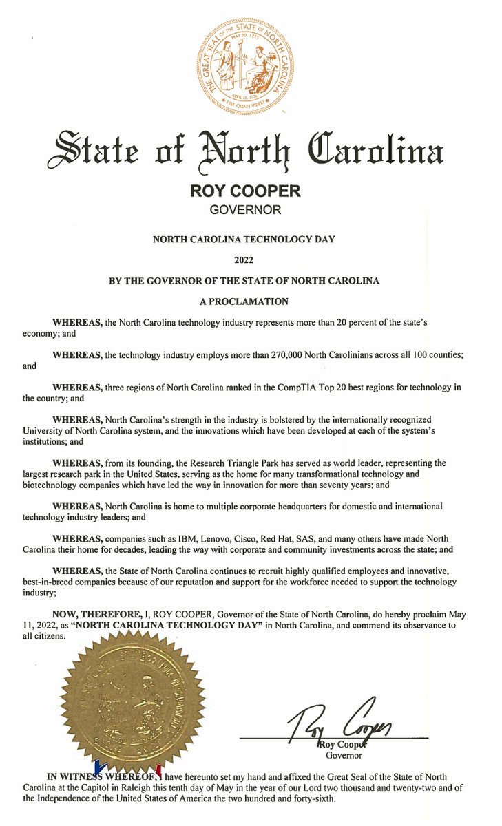 NCTA's tweet photo. NCTECH is excited to announce that @NC_Governor  has proclaimed May 11 as NC Technology Day! We are thrilled to support this, and even more so that the inaugural Technology Day coincides with our annual State of the Tech conference happening today and tomorrow in the Triangle. https://t.co/iuVdtbnvna
