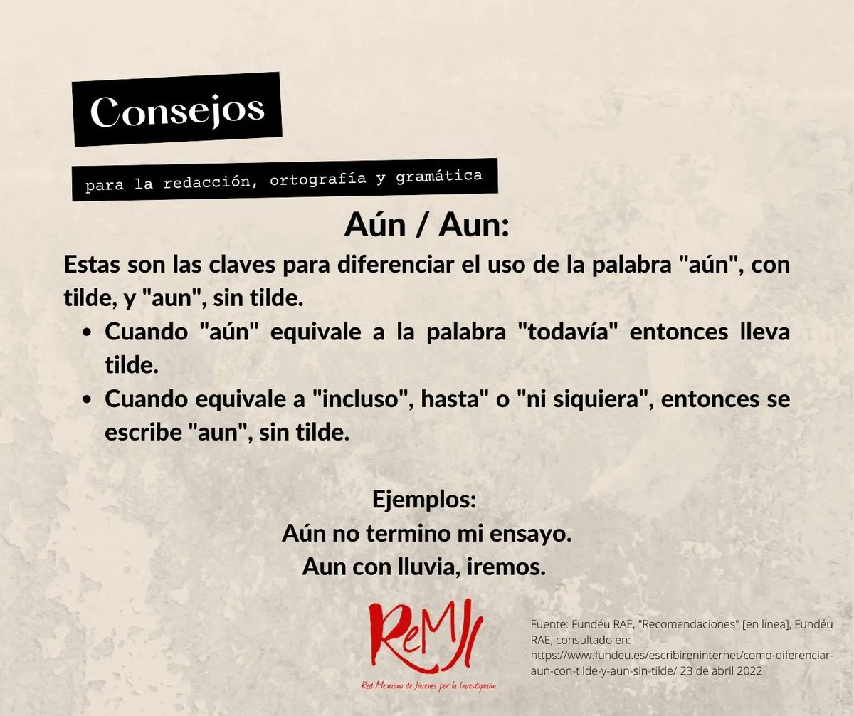 ReMJI_mx's tweet photo. Tips ReMJI 📖 aún/aun. https://t.co/iwEEofO09S