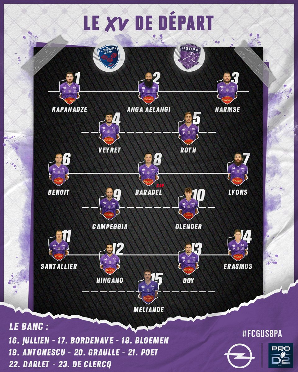 juveyre's tweet photo. #ProD2 Les compos pour @FCGrugby - @USBPA_Rugby. Avec le match des au-revoirs pour Seguret et Capuozzo côté FCG notamment. De la survie pour Bourg. 
A noter le 100e match sous le maillot bressan pour @PSantallier.
Et un speaker isérois... pur bressan Clem Flotat. https://t.co/DdDTUb5k1D