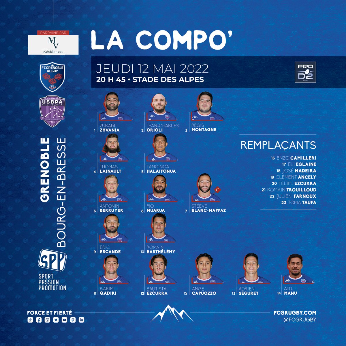 juveyre's tweet photo. #ProD2 Les compos pour @FCGrugby - @USBPA_Rugby. Avec le match des au-revoirs pour Seguret et Capuozzo côté FCG notamment. De la survie pour Bourg. 
A noter le 100e match sous le maillot bressan pour @PSantallier.
Et un speaker isérois... pur bressan Clem Flotat. https://t.co/DdDTUb5k1D