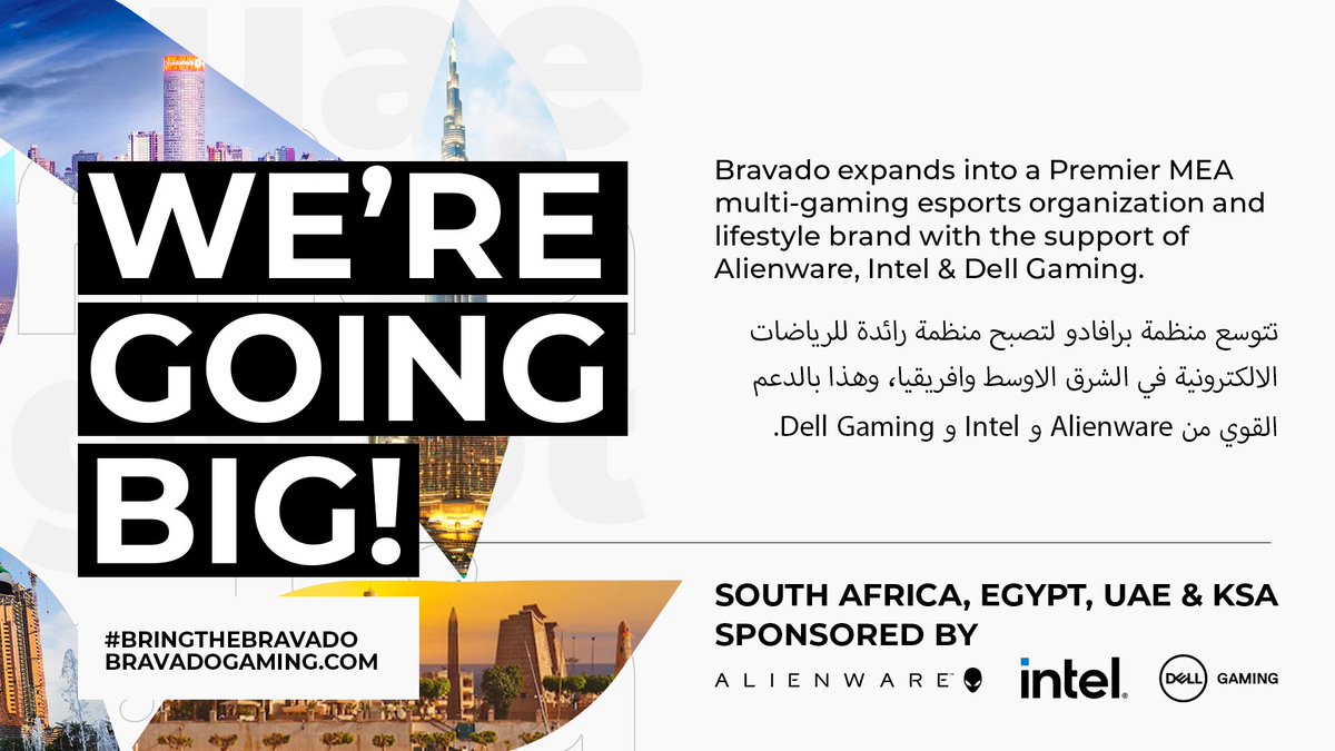 After months, we're excited to finally announce our expansion into a premier MEA esports org &amp; gaming lifestyle brand!

📖 English: bravadogaming.com/post/bravado-e…

📖 Arabic: bravadogaming.com/post/bravado-e…

Sponsored by <a href="/Alienware/">ALIENWARE</a> ▪️ <a href="/IntelGaming/">Intel Gaming</a> ▪️ <a href="/DellTechZA/">Dell Technologies South Africa</a> &amp; <a href="/DellTechMEA/">Dell Technologies MEA</a>

#bringthebravado