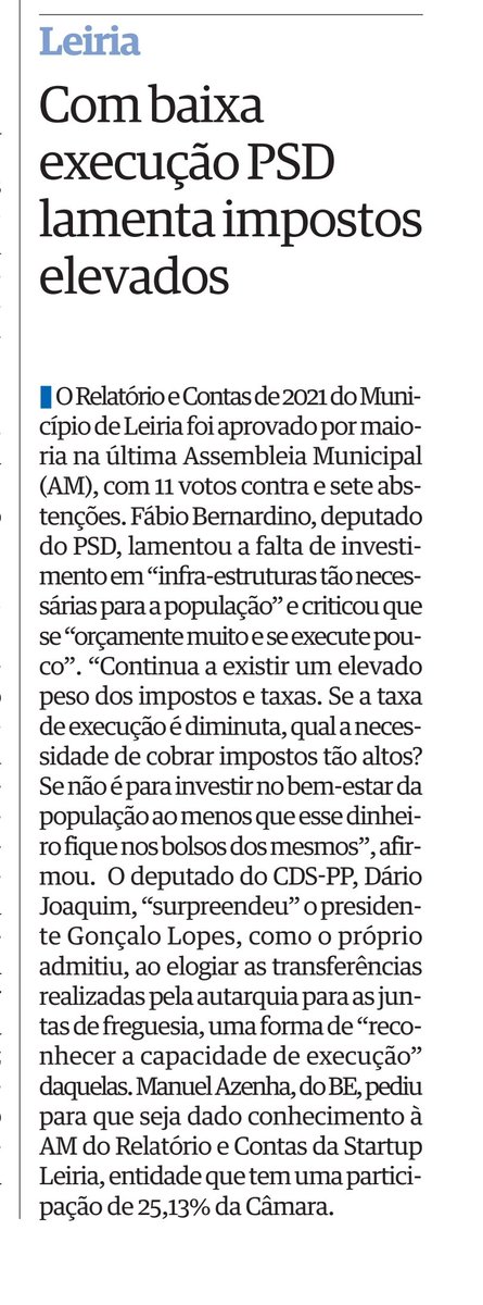 fc_bernardino's tweet photo. Boa tarde! Partilho a noticia no @jornaldeleiria desta semana, sobre a minha intervenção na última Assembleia Municipal de Leiria, destacando a elevada cobrança de impostos por parte do Município de Leiria e a baixa taxa de execução do que é apresentado à população.
#Leiria 
#PSD https://t.co/FvTghG2R5S