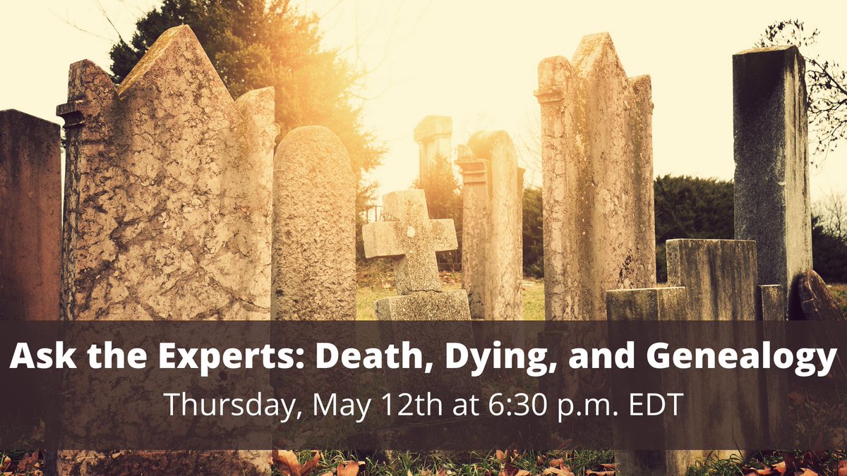 Join us tomorrow, 5/12 at 6:30 p.m. EDT where we will discuss one of the most important events in our ancestors' lives- their death. This will be an evening of #records, #diseases, and #history that you won't want to miss!

Register here: acpl.libnet.info/event/6588393
#genealogy